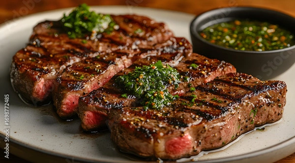 Fototapeta Juicy grilled ribeye steaks with a vibrant green herb sauce and a side of chimichurri sauce on a rustic plate