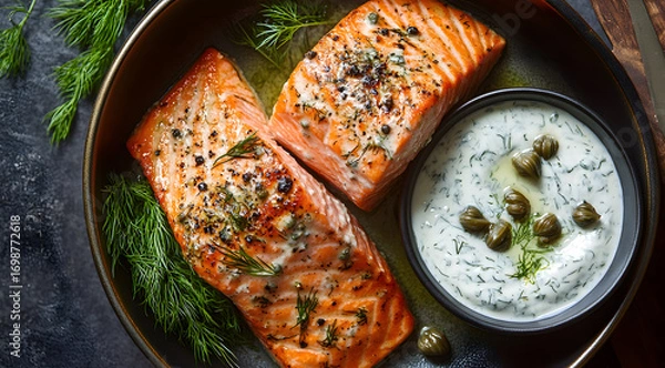 Fototapeta Deliciously cooked salmon fillets seasoned with herbs and spices served with a creamy dill sauce and fresh dill garnish