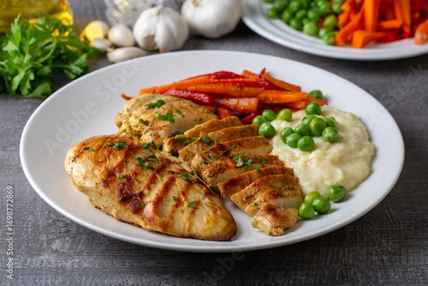 Fototapeta Grilled chicken breast slices served with mashed potatoes and vegetables.