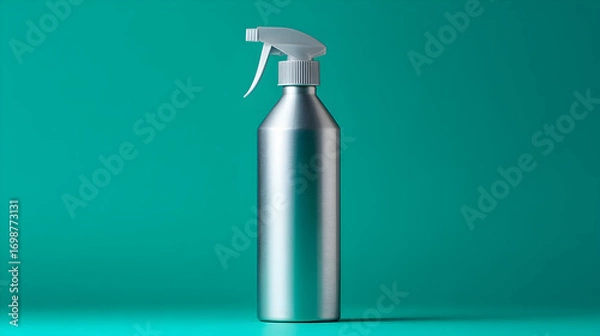 Fototapeta Minimalist silver spray bottle with a white trigger sprayer stands upright against a solid teal green background with subtle lighting