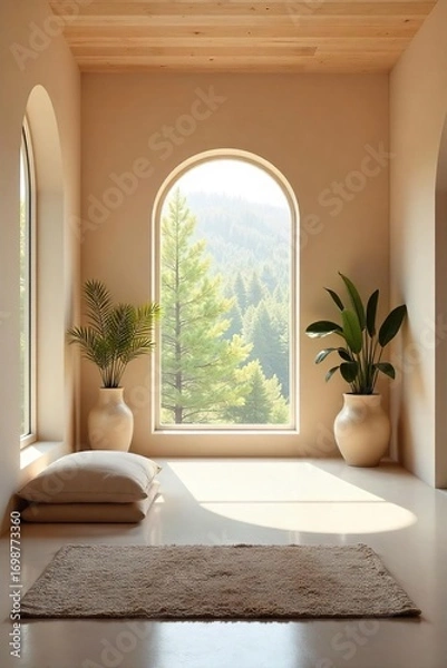 Fototapeta Serene meditation space, bathed in soft natural light, featuring calming decor and peaceful ambiance  Ideal for relaxation, mindfulness, and spiritual practices , comforting, yoga