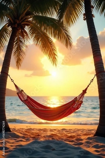 Fototapeta Golden hour sunlight bathes a hammock strung between two palm trees, gently swaying in a warm summer breeze Perfect for relaxation and escape , rest, scene, leisure