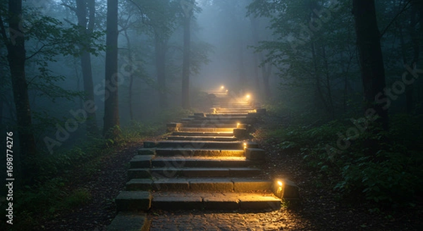 Fototapeta Mysterious stone staircase ascends through a foggy forest illuminated by warm, inviting lights creating an enchanting atmosphere