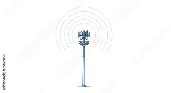 Fototapeta Line art illustration of a blue communication tower emitting radio waves, symbolizing global network connectivity.