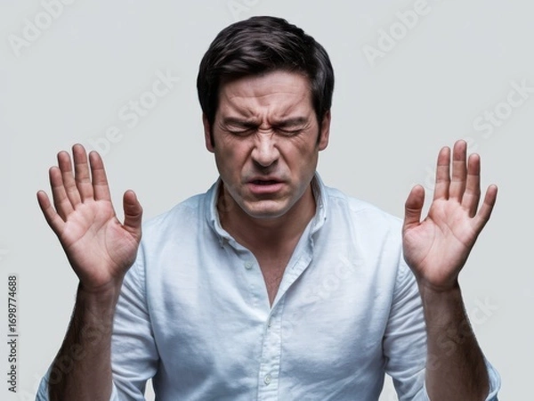 Fototapeta Man Expressing Disgust, Rejection, or Pain with Hands Up - Portrait of a Person with Negative Emotion on Isolated Background