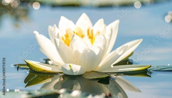 Fototapeta Water lily afloat on serene waters, capturing sunlight and tranquil reflection perfectly