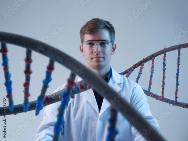 Fototapeta Scientist with DNA Model: Genetic Research and Biotechnology Innovation