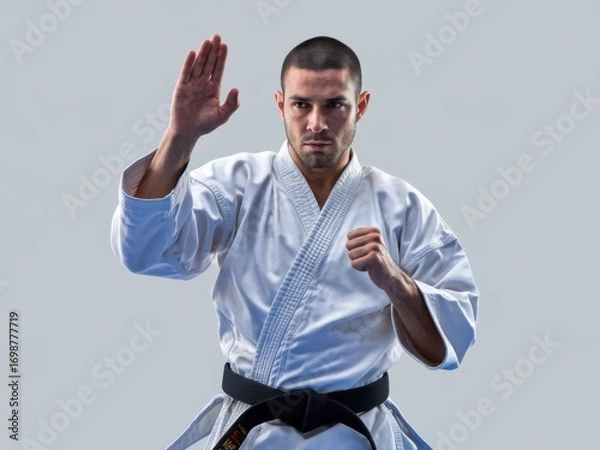 Fototapeta Karate Master: Focused Man in Gi Demonstrating Martial Arts Technique - Defense, Self-Discipline, and Strength