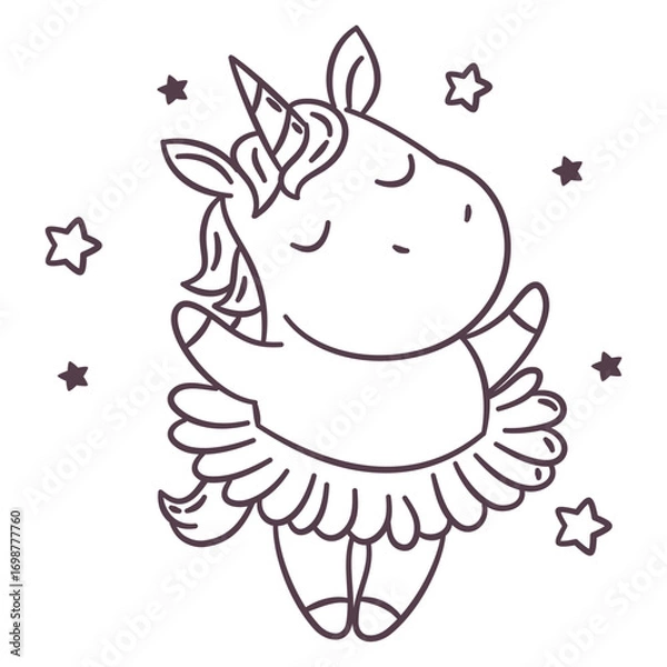 Fototapeta A cute pony dances ballet surrounded by stars. Coloring on a white background, line drawing. . Vector illustration