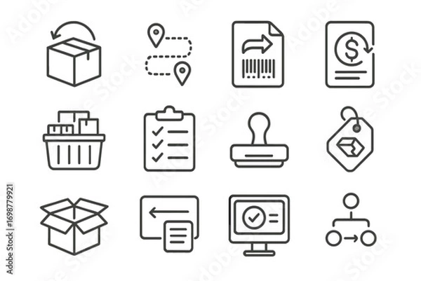 Fototapeta Fulfillment Returns Icons. Line style icons of fulfillment returns: returned item icon, reverse logistics route, return barcode