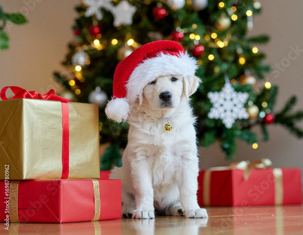 Fototapeta Cute puppy in a Christmas hat poses beside festive presents by a decorated tree