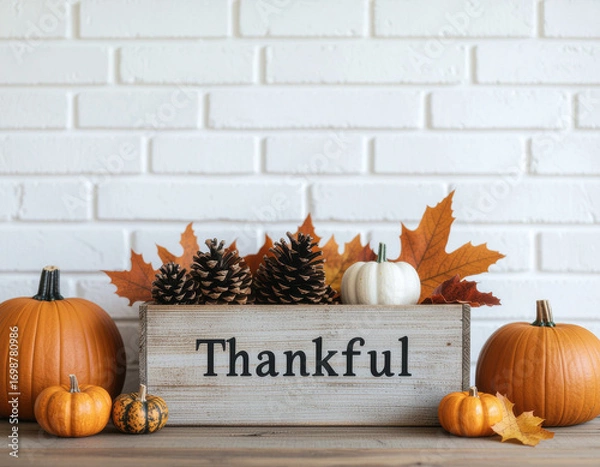 Fototapeta Thankful display of pumpkins, pinecones, and autumn leaves arranged against a white brick wall in a cozy setting