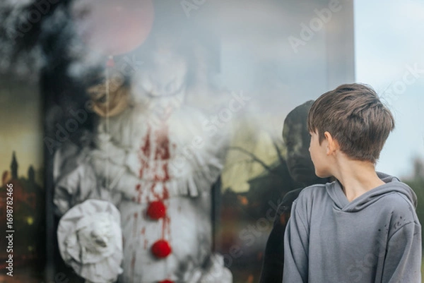 Fototapeta A young boy in a gray hoodie stares at a menacing clown figure with bloodstained costume and red balloons inside a glass display, creating a chilling horror-themed scene.