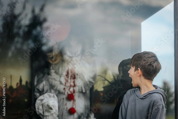 Fototapeta A young boy in a gray hoodie stares at a menacing clown figure with bloodstained costume and red balloons inside a glass display, creating a chilling horror-themed scene.