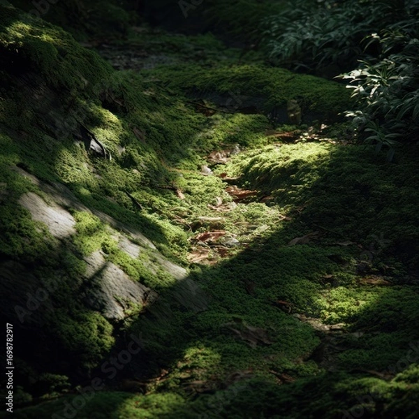 Fototapeta Sunlight through mossy forest path
