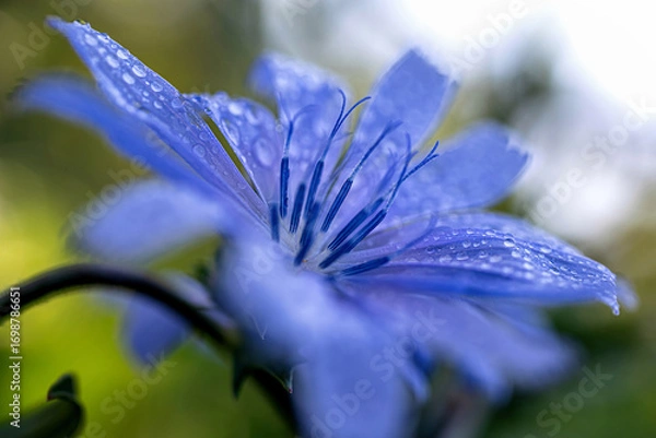 Fototapeta Close up of blue wildflower petals with morning dew
Macro photograph showing delicate blue wildflower petals covered with fresh morning dew drops in natural light.
