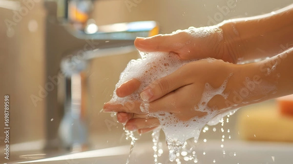 Fototapeta close-up of hands being washed under running water with soap, clean bathroom background, health and hygiene awareness, crystal clear image, 16:9