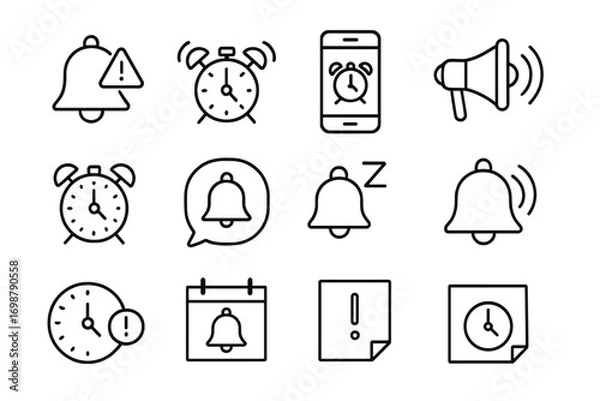 Fototapeta Reminder Icons Collection. Line style icons of reminders and alarms: bell with alert, ringing clock, phone alarm icon, loud buzzer