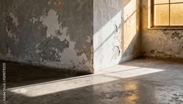 Fototapeta Minimalist weathered room with peeling paint wall and concrete floor