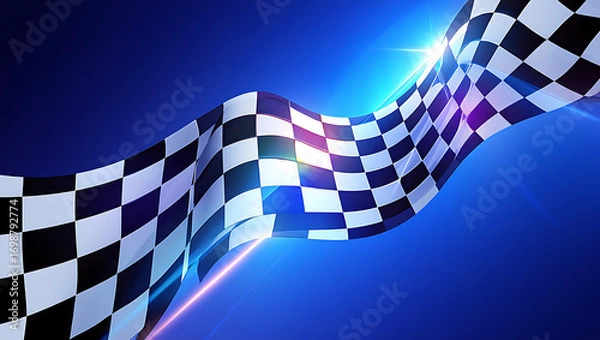 Fototapeta Racing checkered flag waving on blue background with light effects motion concept