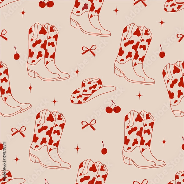 Fototapeta Cowboy boots and hat with cow print, cherry, star, bow. Seamless pattern. Wild West, western theme.Trendy seamless pattern. Hand drawn vector design 