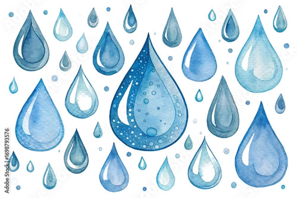 Fototapeta Watercolor illustration of rain drops isolated on transparent background, creating a calming and refreshing atmosphere with its cool blue tones and delicate details