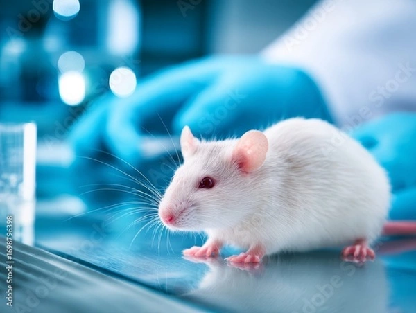 Fototapeta Scientist performing experiment on white lab rat. Science concept