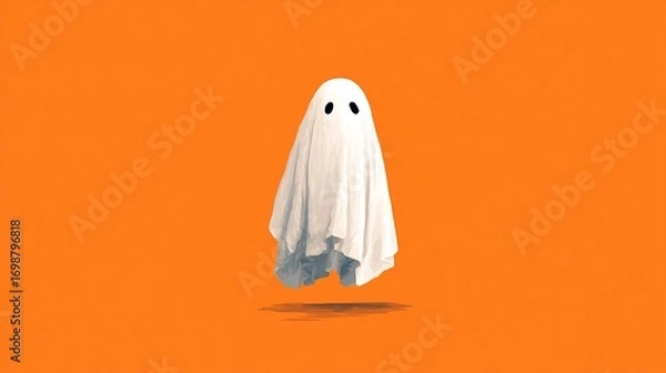 Obraz Spooky cute ghost floating on orange background for Halloween fun, perfect for seasonal marketing, party invites, or festive decorations