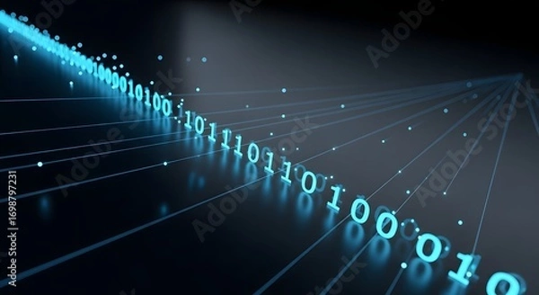 Fototapeta Minimal futuristic visualization of glowing binary data stream flowing diagonally across a dark digital background with subtle light effects