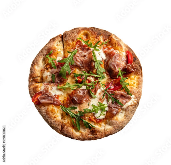Fototapeta Prosciutto pizza with strachatella cheese, tomatoes and arugula leaves, top view, closeup. Isolated on transparent background