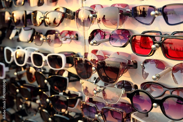 Obraz Lot of style sunglasses on the counter of store. Assortment of sunglasses.