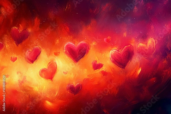 Fototapeta Vibrant hearts floating in a warm abstract background, capturing the essence of love and movement