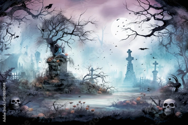 Fototapeta Elaborate Halloween greeting card illustration featuring misty graveyard with skulls and bats