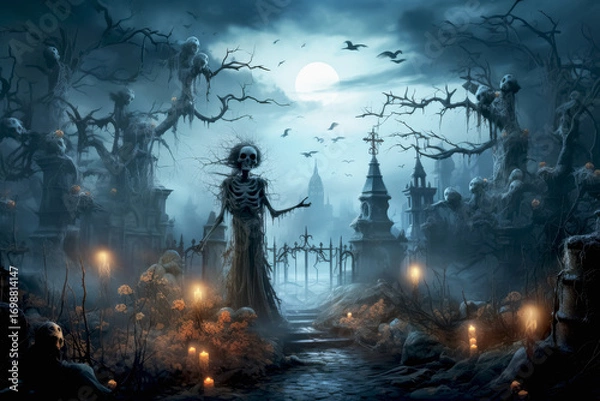 Fototapeta Elaborate Halloween greeting card featuring a spooky graveyard scene with skeletons and eerie ambiance