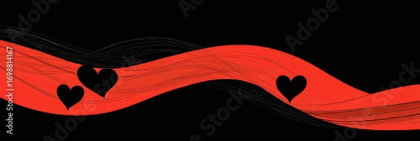 Fototapeta Abstract illustration of swirling hearts on a black background with flowing red lines and vibrant movement. Banner