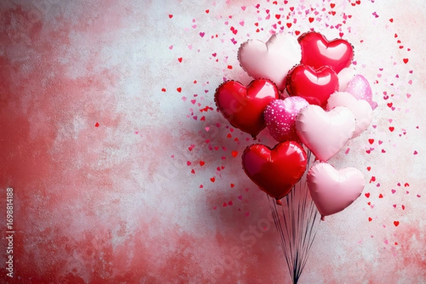 Fototapeta Heart-shaped balloons in shades of red and pink floating against a textured background with copy space