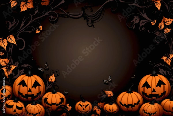 Fototapeta Halloween card design featuring orange pumpkins and black background with ample copy space