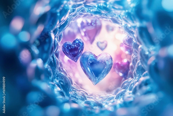 Fototapeta Ethereal hearts floating in a dreamy blue background, capturing the essence of love and movement