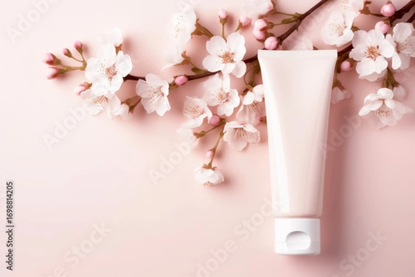Fototapeta Hand cream bottle surrounded by delicate flowers on a soft pink background. Copyspace