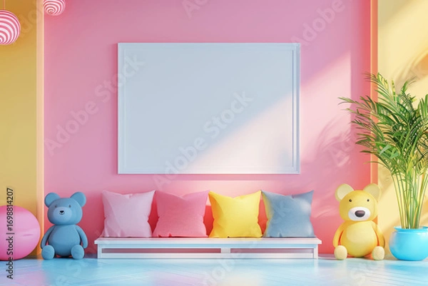 Fototapeta Bright and modern children's room with a colorful frame mockup and playful decor. Copy space