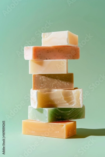 Fototapeta Colorful soap bars elegantly stacked against a minimalistic background display