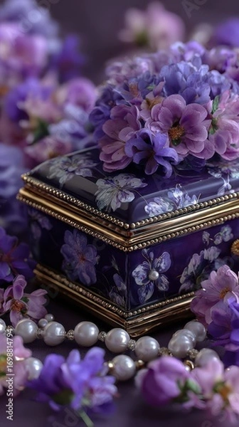 Obraz Colorful floral jewelry box adorned with violets and pearls on a soft purple background