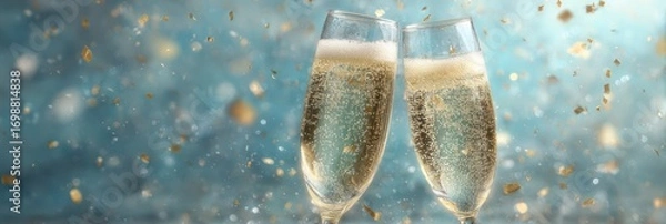 Fototapeta Champagne glasses clink together while confetti falls in a celebratory atmosphere during a special event