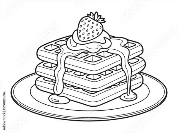 Fototapeta Waffle illustration with strawberry and whipped cream in black and white outline for coloring pages