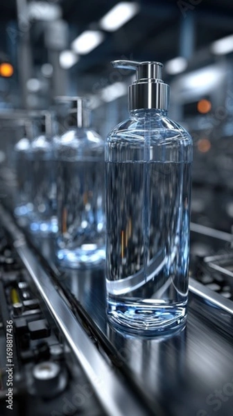 Fototapeta Bottles of liquid on a production line in a factory during daylight hours showcasing modern packaging techniques