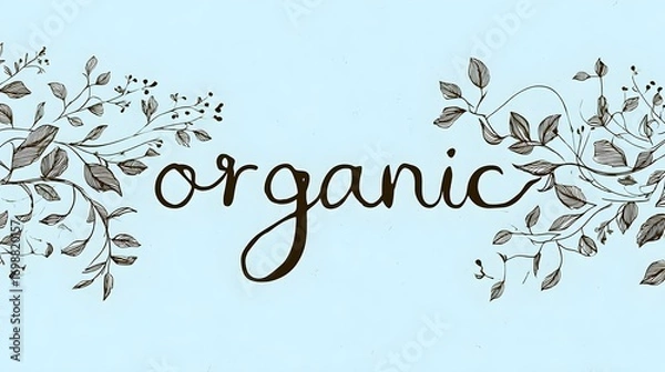 Fototapeta "Organic" cursive handwritten script text with decorative leaves background