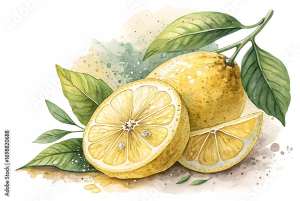 Fototapeta Watercolor painting of lemons with leaves, showcasing a sliced lemon and whole fruit isolated on transparent background, highlighting the vibrant colors and textures