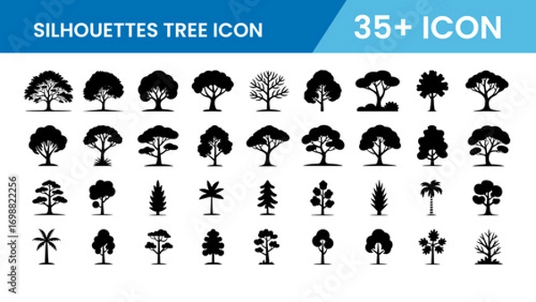 Obraz Silhouette Trees Set – Forest, Palm, and Nature Icons. Eco and Nature Symbol Pack. 