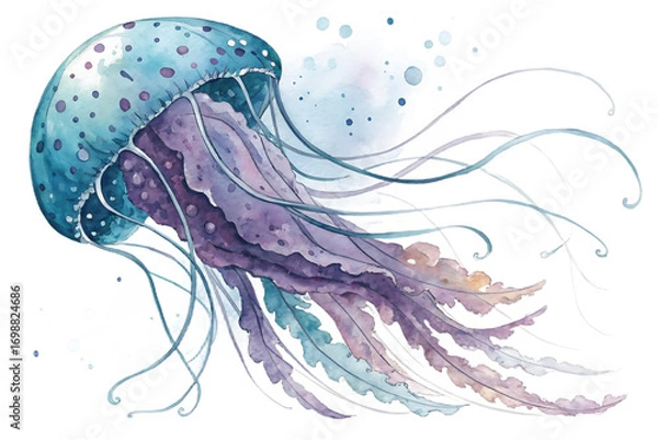 Fototapeta Watercolor painting of a blue jellyfish isolated on transparent background, its vibrant colors and intricate details creating a captivating marine scene