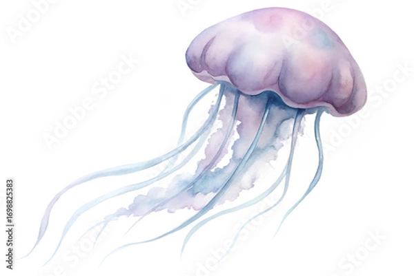 Fototapeta Watercolor painting of a jellyfish isolated on transparent background, showcasing its delicate tentacles and translucent bell in soft shades of purple and blue